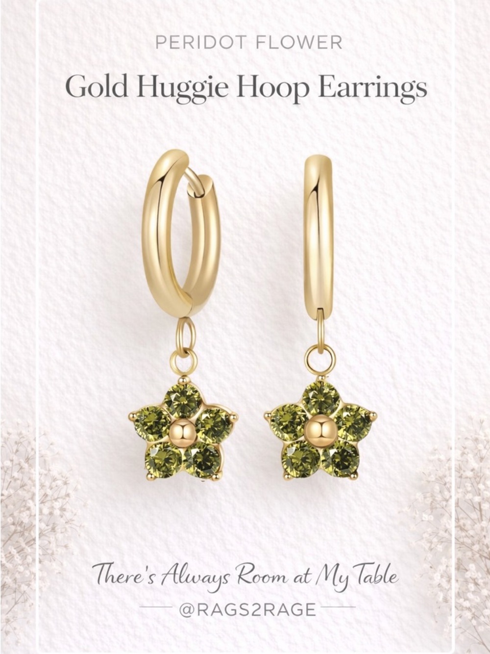 18K Gold Plated Flower Hoop Earrings Green Stones Waterproof